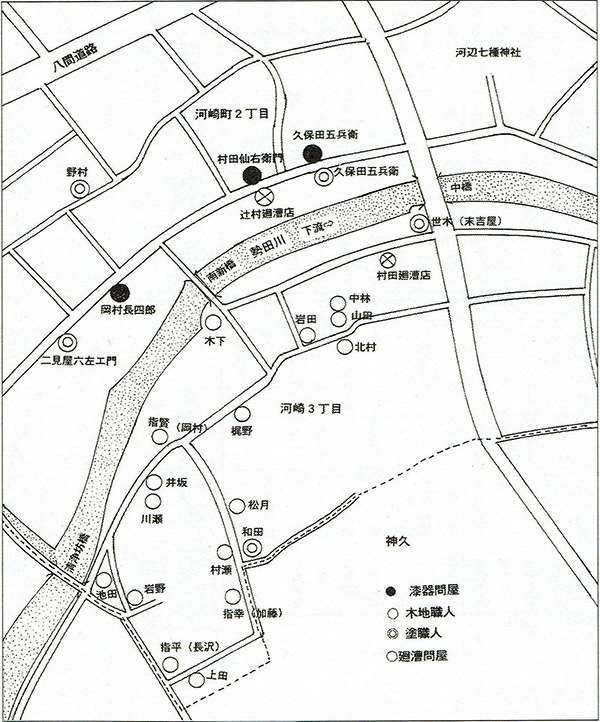 河崎における伊勢春慶の問屋・職人・運送店の分布